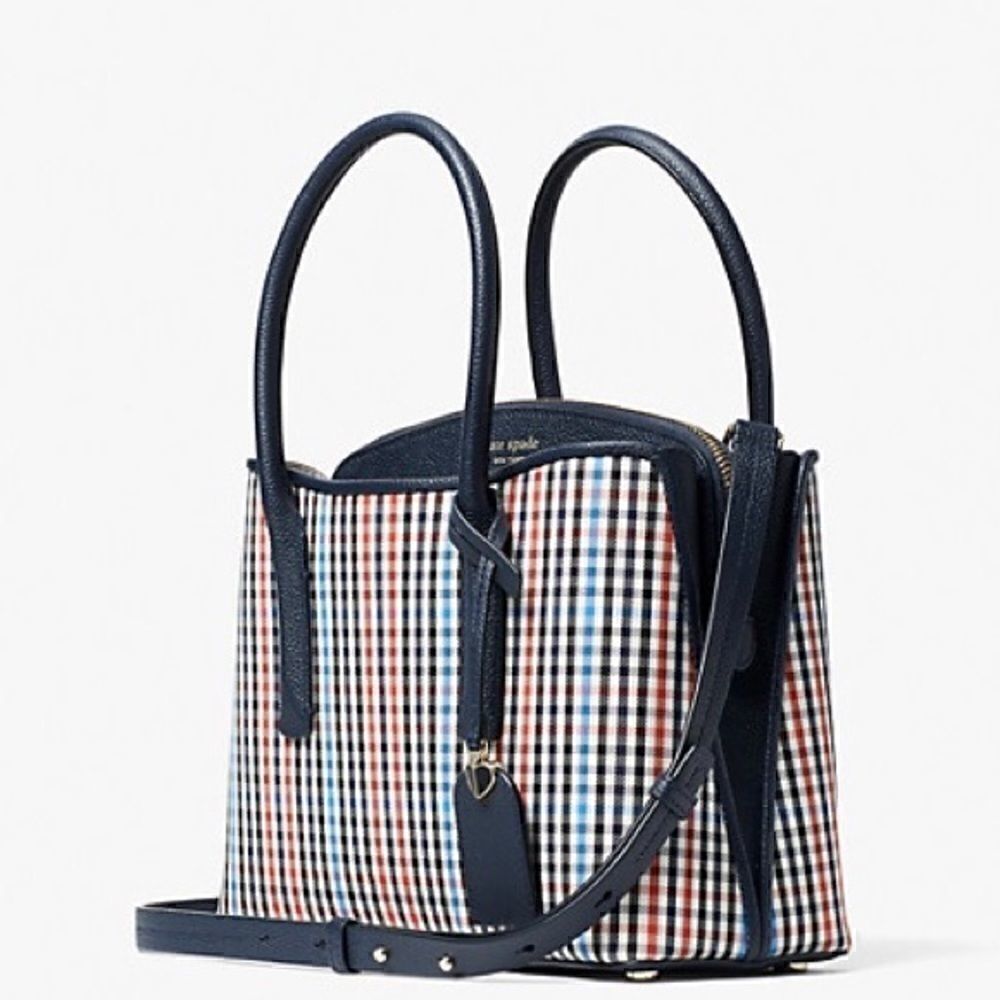 KATE SPADE MARGAUX MEDIUM SATCHEL HANDBAG IN BLUE RED BLACK PLAID + LEATHER TRIM